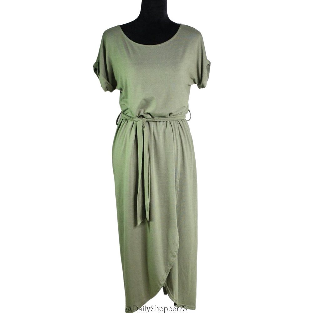 Azbro Women's Tulip Hem Short Sleeve Jersey Knit Olive Green Midi Dress